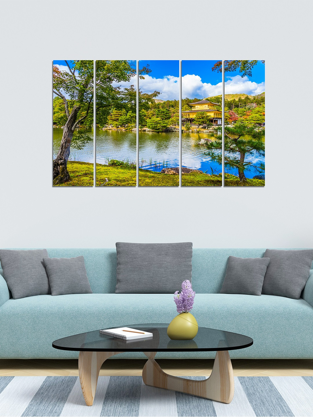 WENS 5 Panelled Green & Blue River & Forest View Velvet Laminated Wall Painting