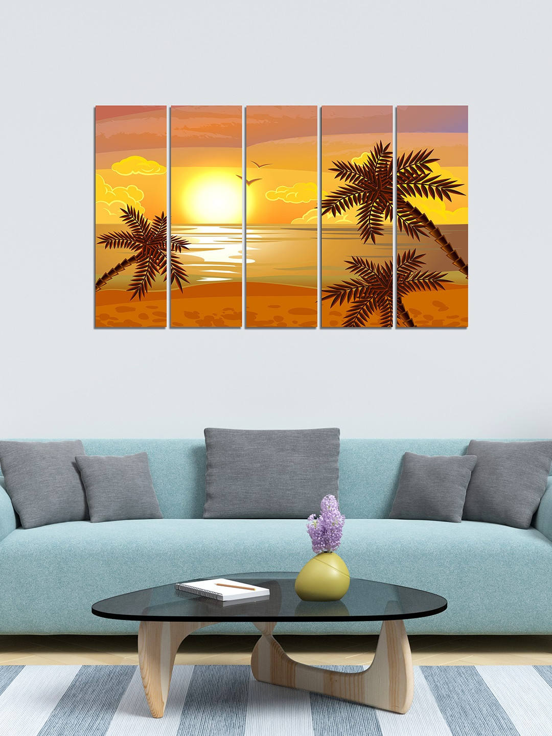 WENS Set of 5 Yellow & Brown Beautiful Nature Velvet Laminated Panelled Paintings