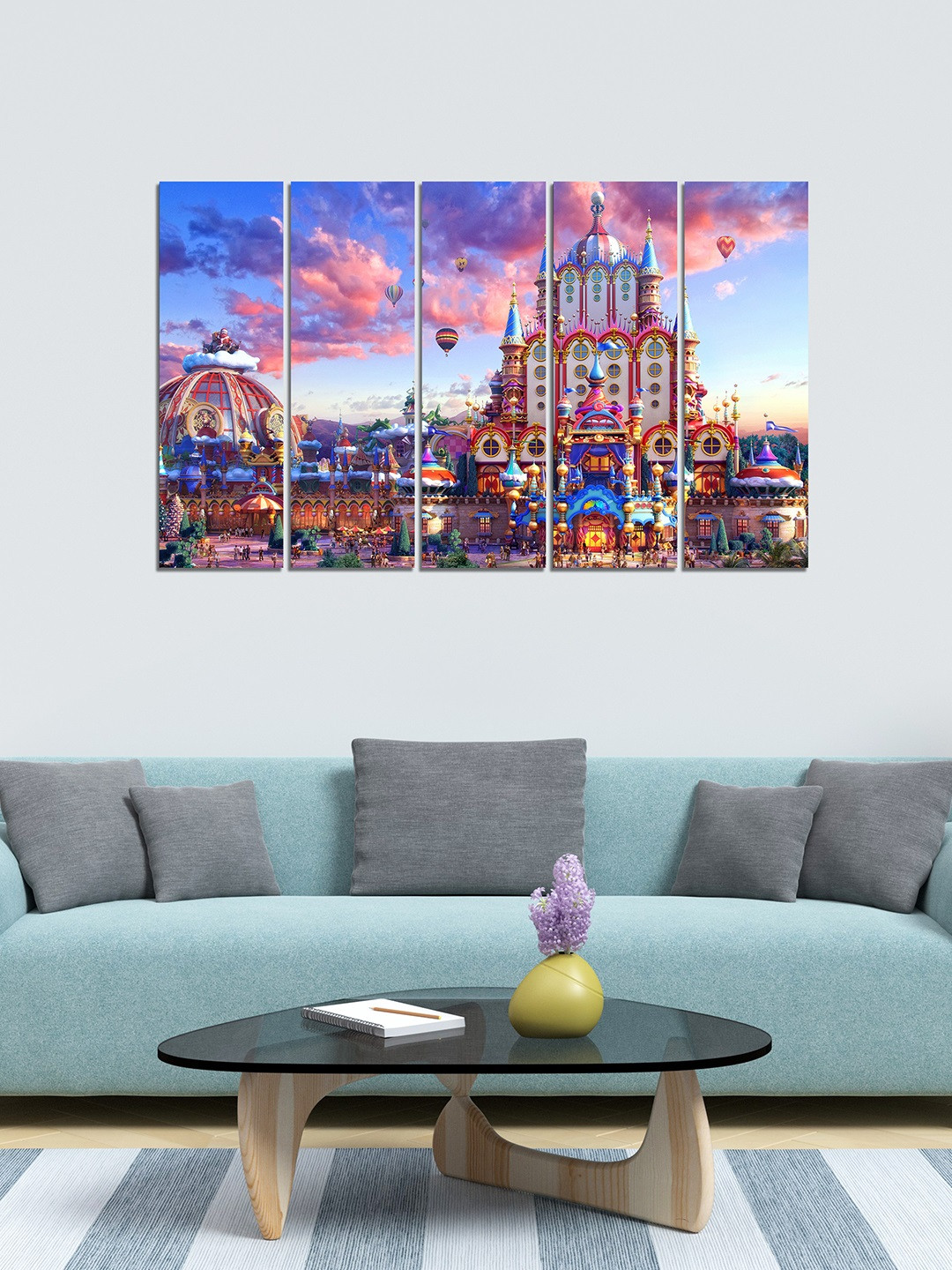 WENS Blue & Pink 5 Panels Beautiful Fort Velvet Laminated Wall Painting