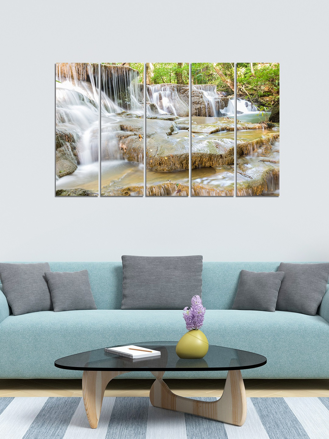 WENS Set of 5 Brown & Green Water Falls Beauty Velvet Laminated Panelled Paintings