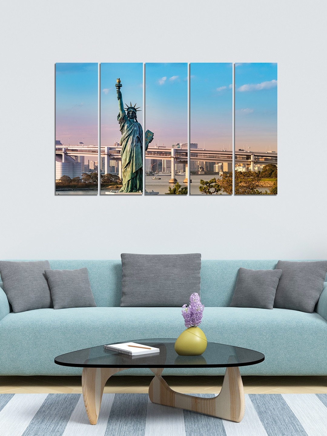 WENS Blue MDF 5 Pcs Wall Living Room Rectangle Potrait Paintings Wall Art -24 x 8In