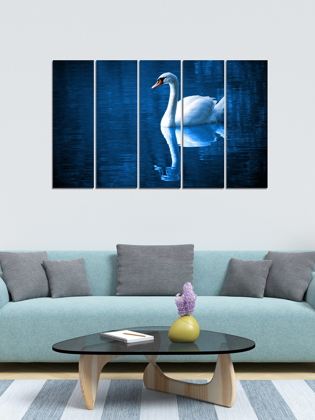 WENS Unisex Blue & White 5 Panels Beautiful Swan Velvet Laminated Wall Painting