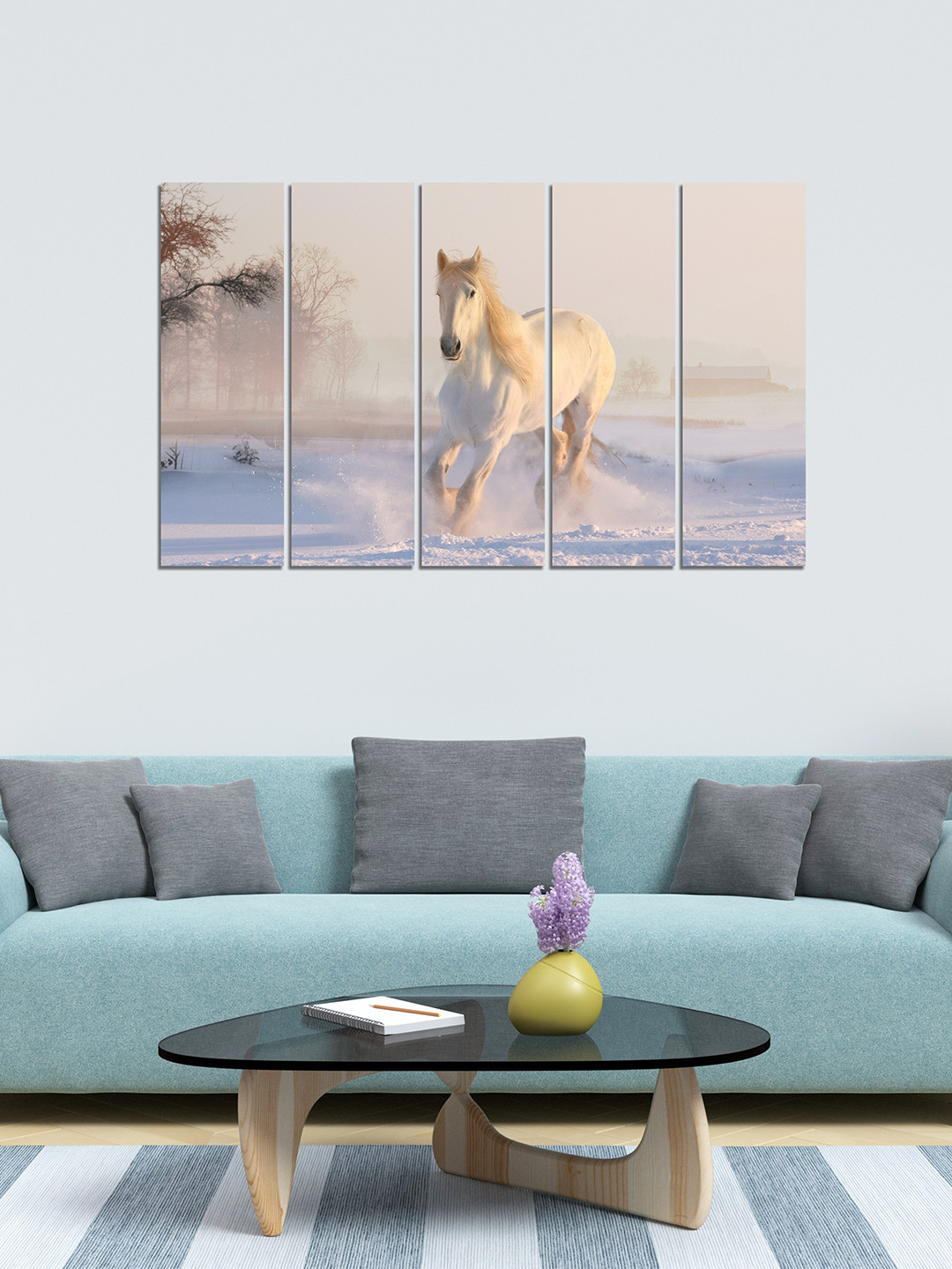 WENS Set of 5 Blue & Off-White Horse Velvet Laminated Panelled Paintings