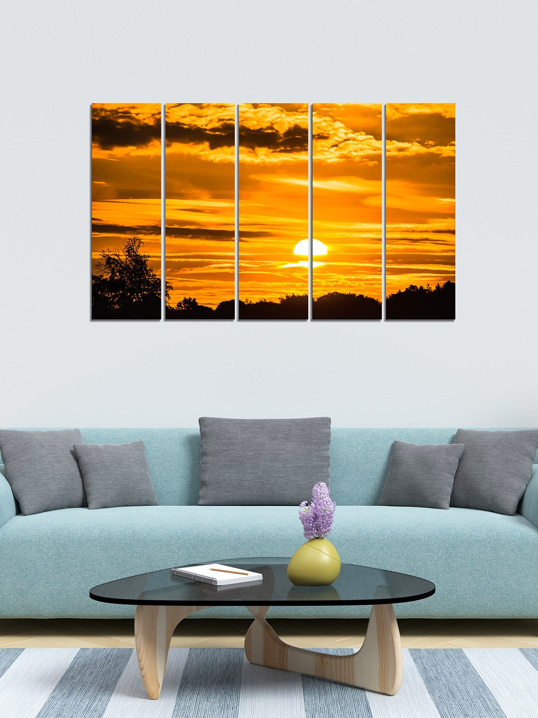WENS Sunrise MDF 5 Pcs Wall Rectangle Paintings Wall Art - 24x8In