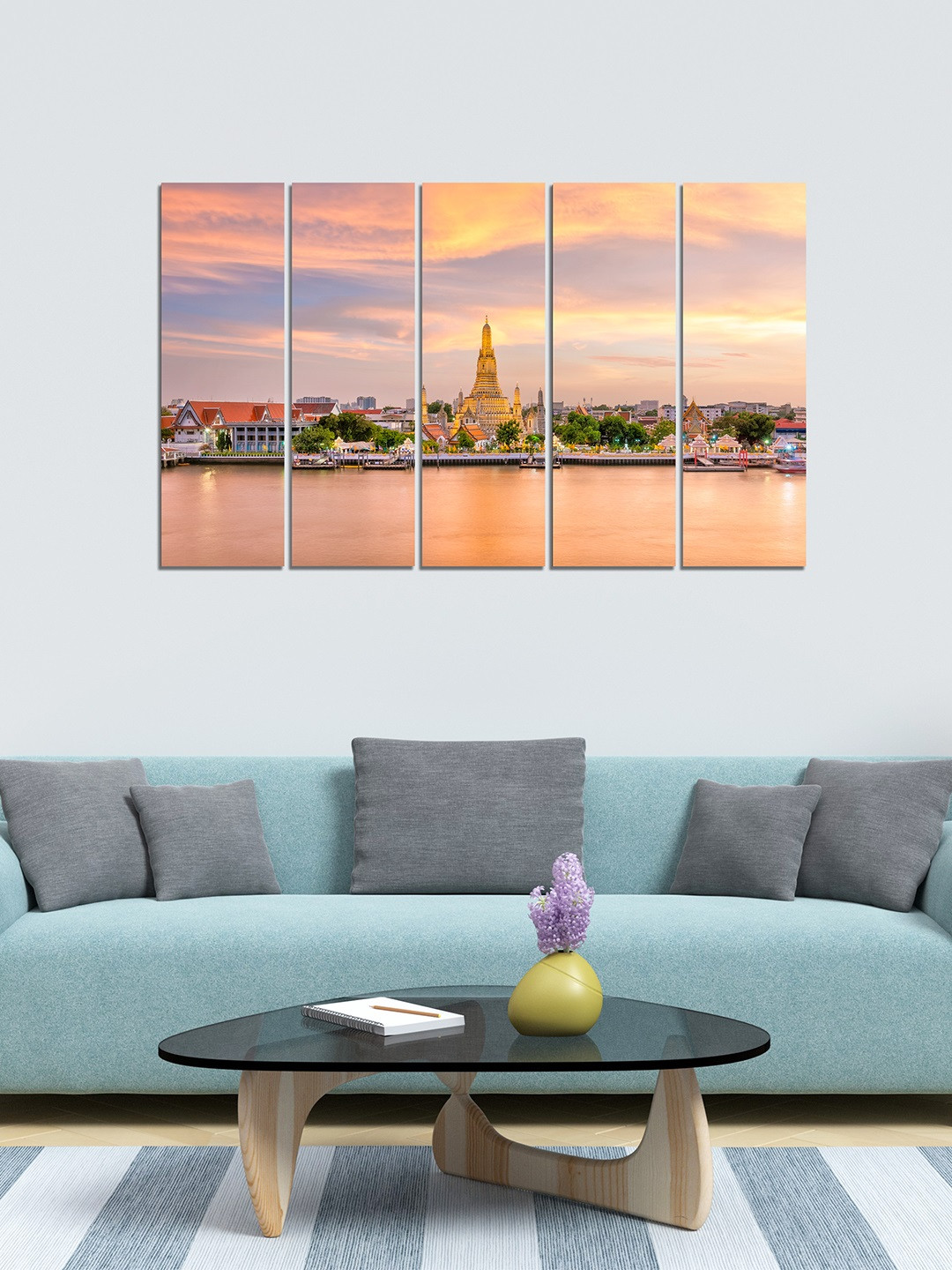 WENS Orange & Blue 5 Panelled Nature's Reflection In Water Velvet Laminated Wall Painting