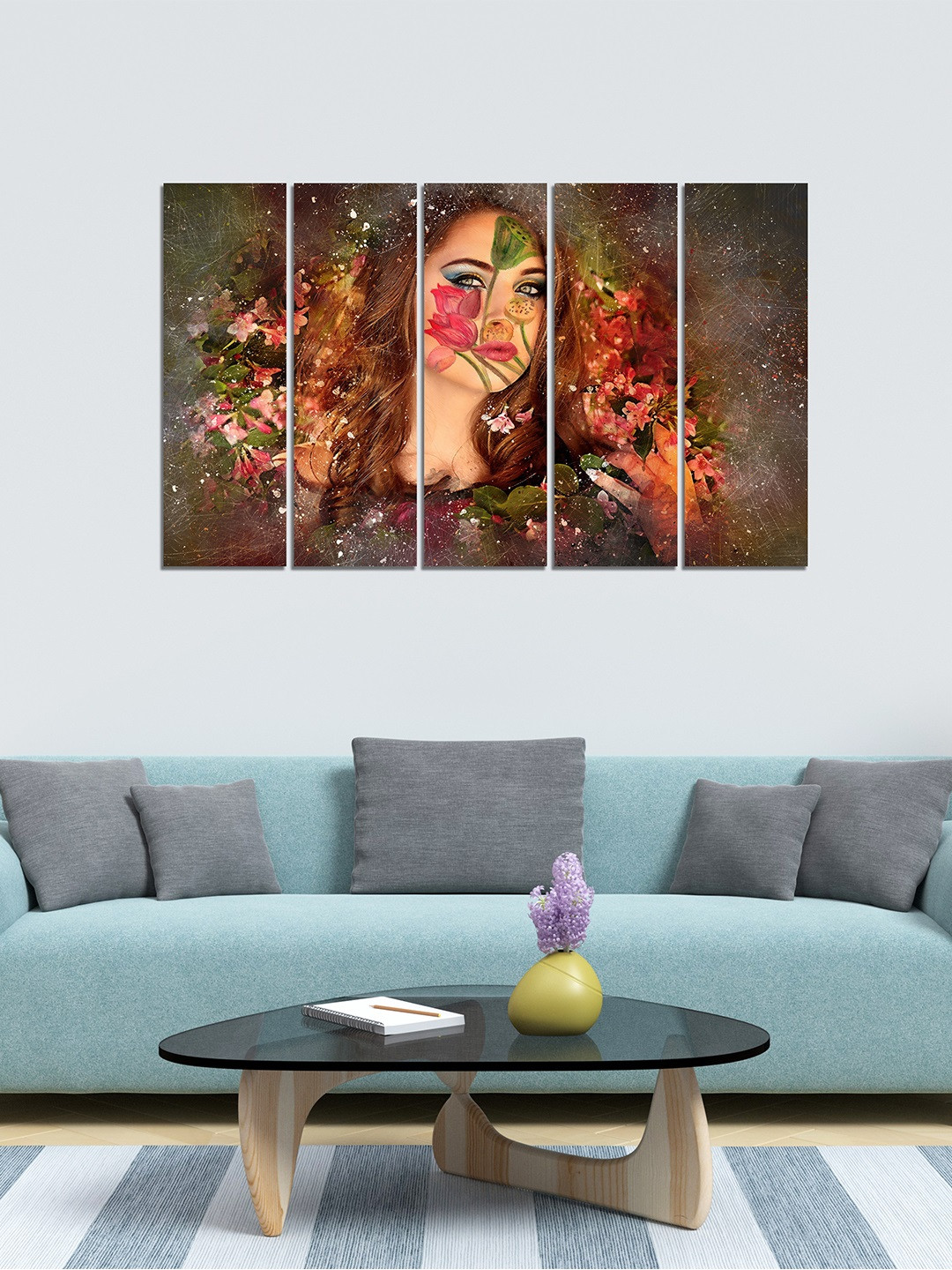 WENS Brown & Green 5 Panelled Modern Art Velvet Laminated Wall Painting