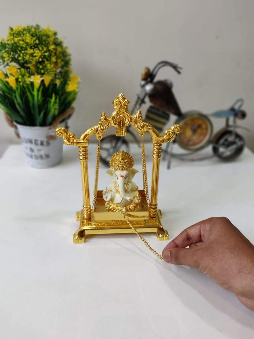CraftVatika Lord Ganesha Jhula Gold Metal Metallic Prayer Room Small Showpiece - 8 Inches