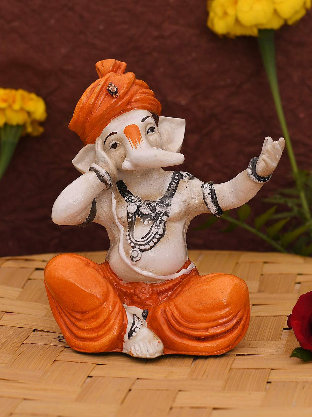 CraftVatika Ganesha Orange Polyresin Natural Prayer Room Hand-Crafted Small Showpiece - 5 Inches
