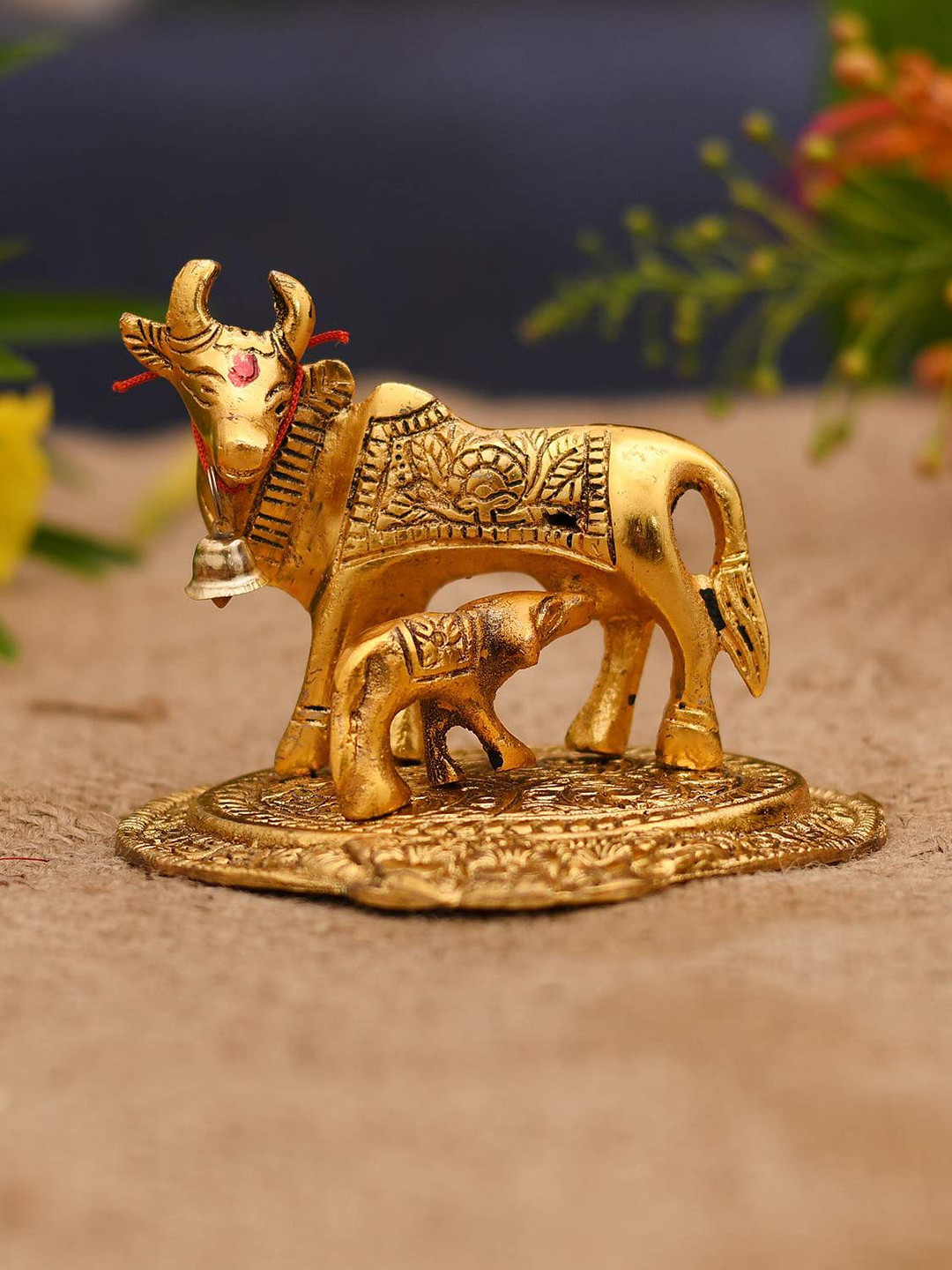 CraftVatika Kamdhenu Cow with Calf Gold Aluminium Metallic Prayer Room Small Showpiece - 3.5 Inches
