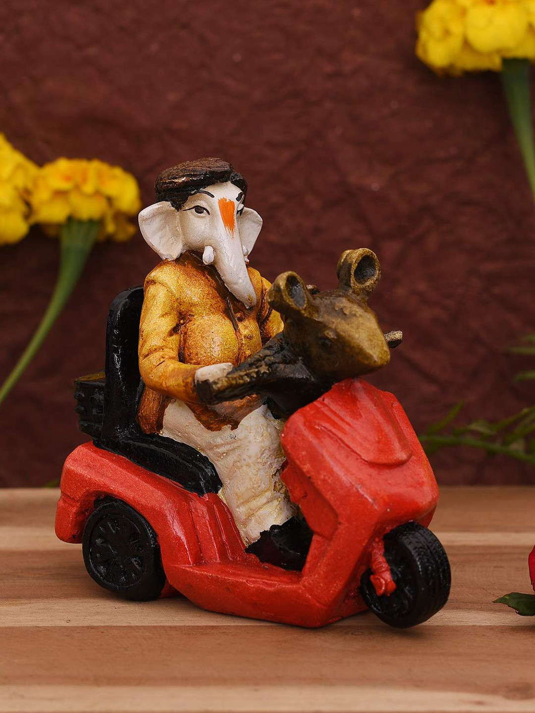 CraftVatika Red & Orange Bal Ganesh on Scooter Idol Showpiece