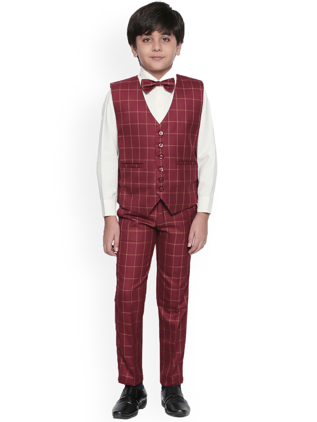 Jeetethnics Boys Maroon Checked Shirt with Trousers & Waistcoat
