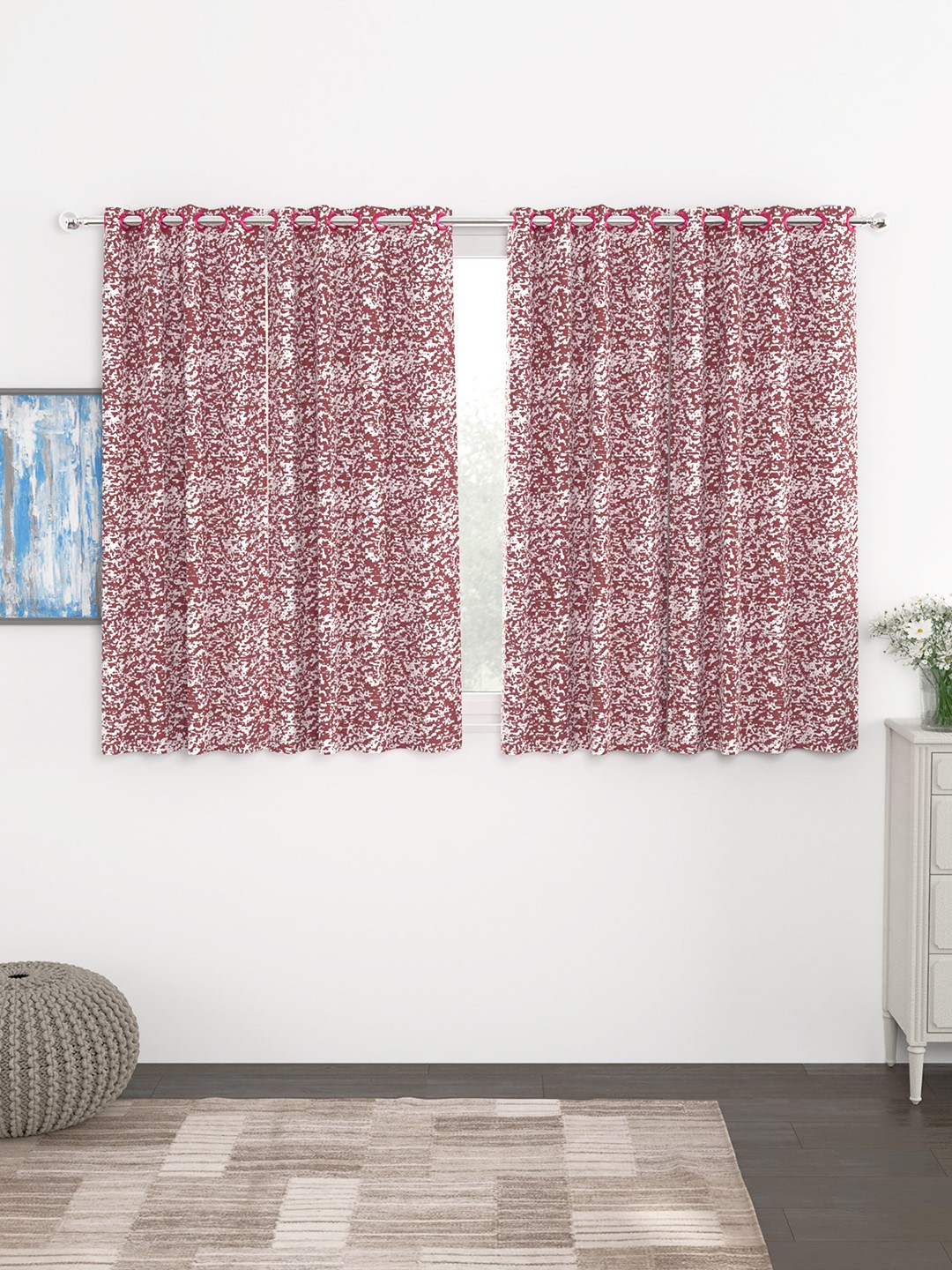 Story@home Maroon & White Set of 4 300GSM Semi Blackout Jacquard Eyelet Ringtop Window Curtains