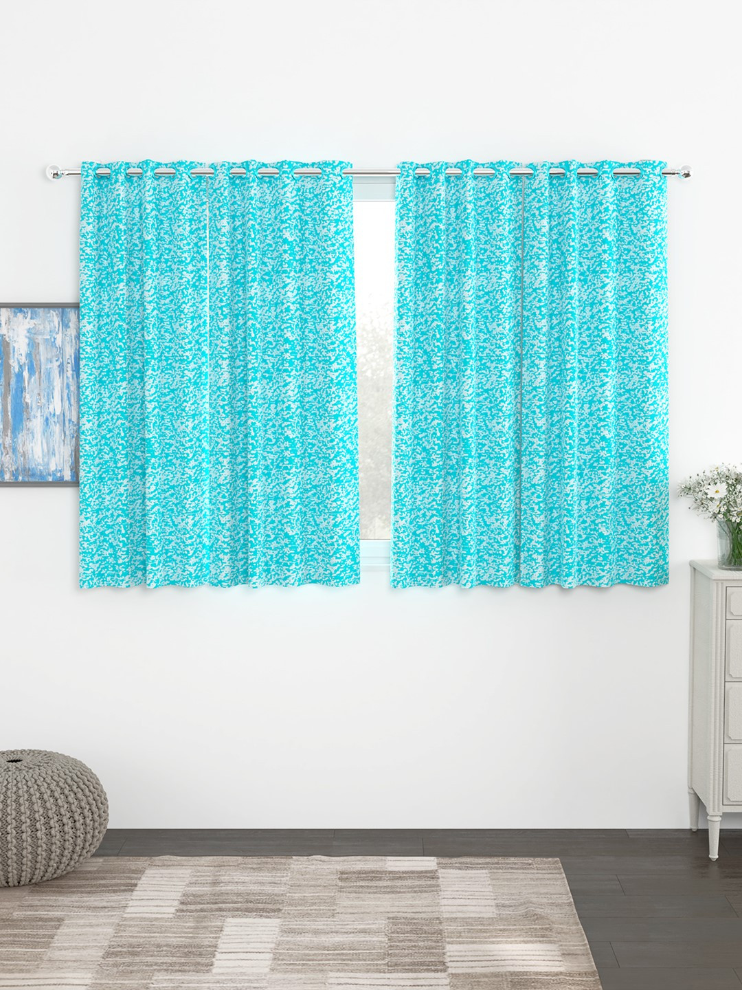 Story@home Turquoise Blue & White Set of 4 300GSM Semi Blackout Jacquard Eyelet Ringtop Window Curtains