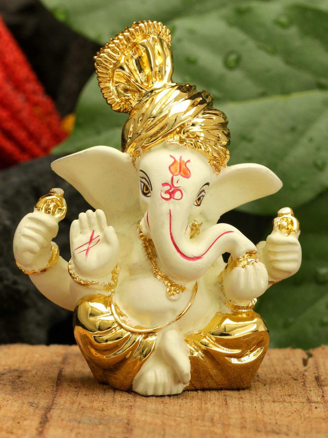 CraftVatika Ganesha Gold Ceramic Natural Prayer Room Tiny Showpiece - 3.1 Inches
