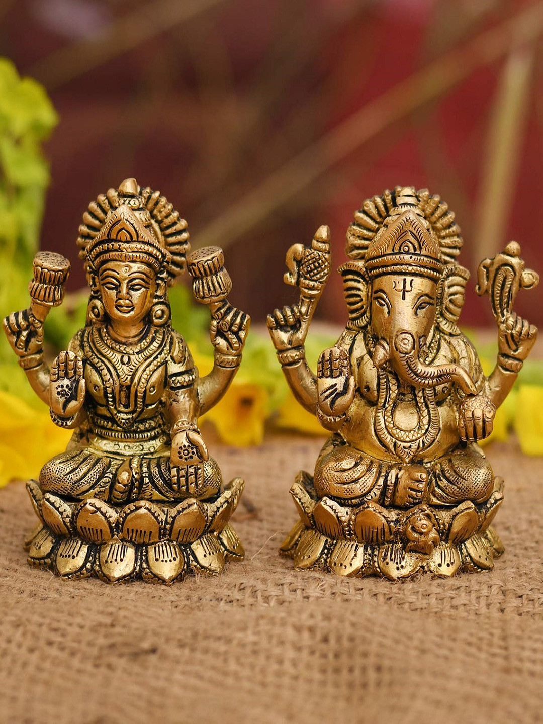 CraftVatika Lakshmi Ganesh Gold Brass Metallic Prayer Room Set of 2 Small Showpieces - 4 Inches