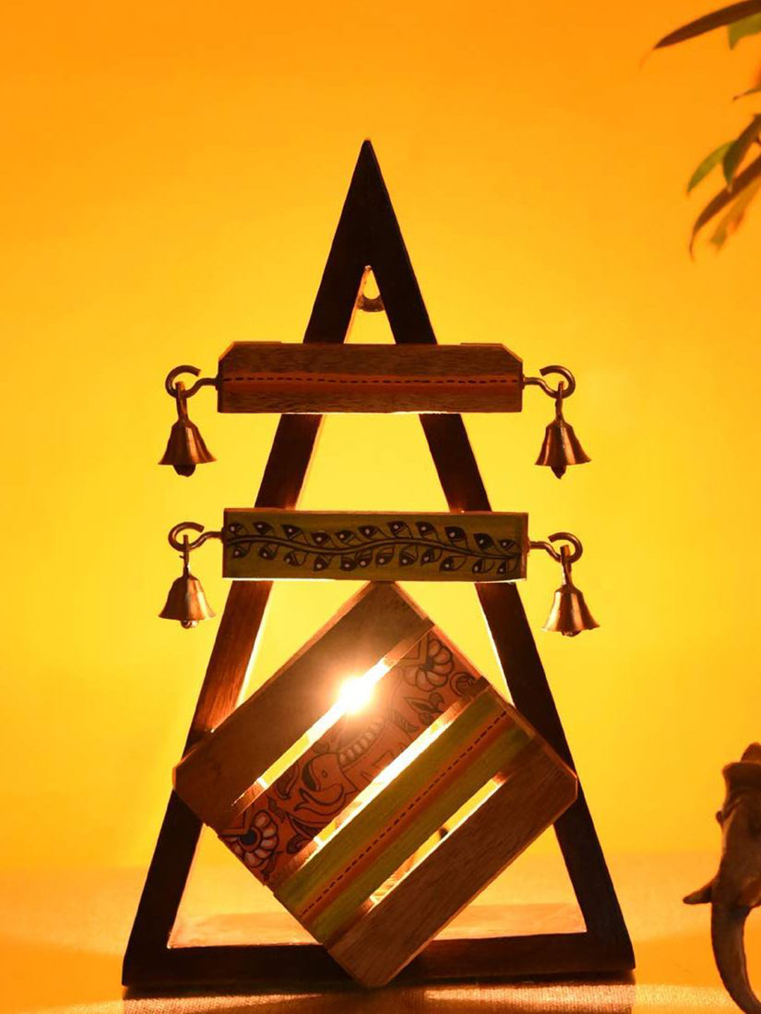 CraftVatika Madhubani Table Lamp Brown Wood Natural Living Room Medium Showpiece - 11.3 Inches