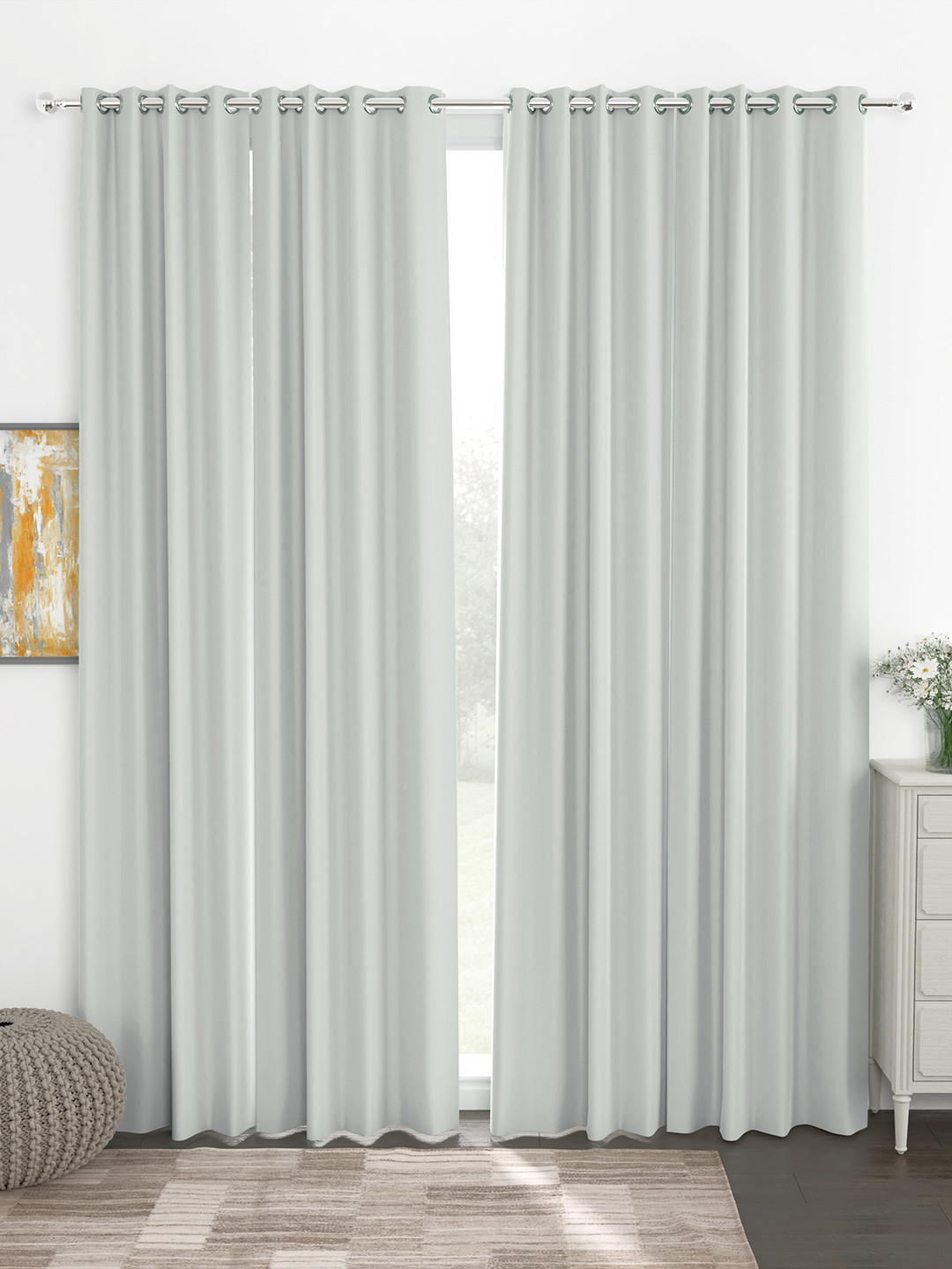 Story@Home Faux Silk Solid 300GSM Grey Room Darkening Blackout Door Curtain - Set of 4