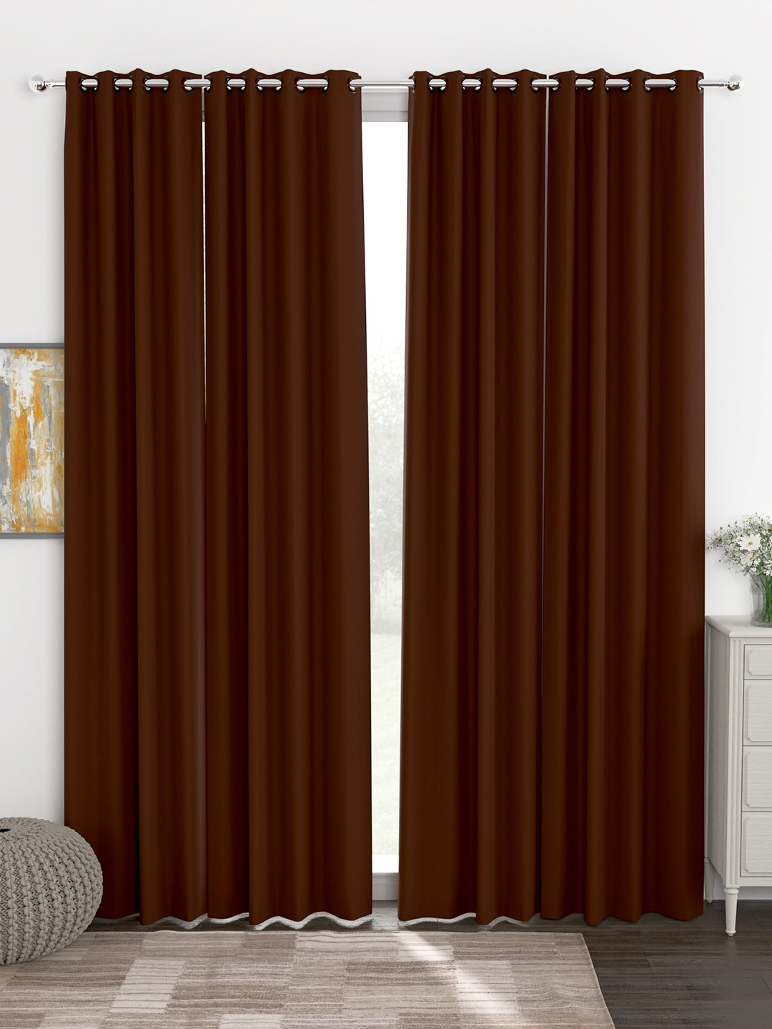 Story@Home Faux Silk Solid 300GSM Brown Room Darkening Blackout Door Curtain - Set of 4