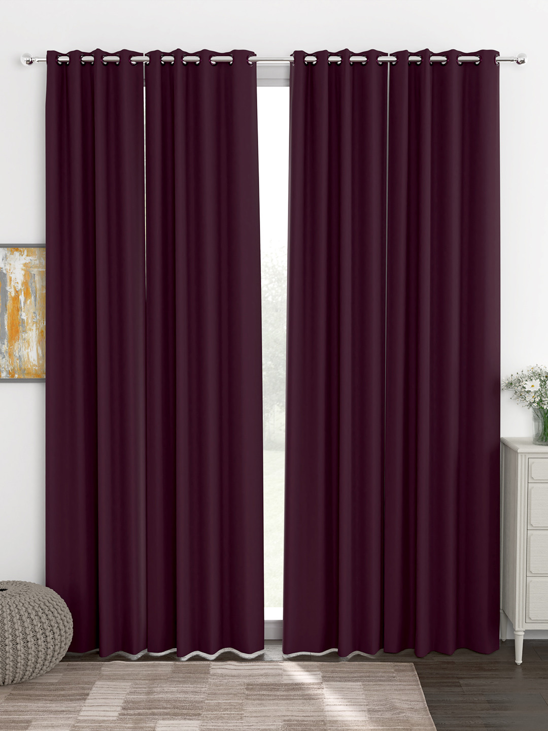 Story@Home Faux Silk Solid 300GSM Purple Room Darkening Blackout Door Curtain - Set of 4