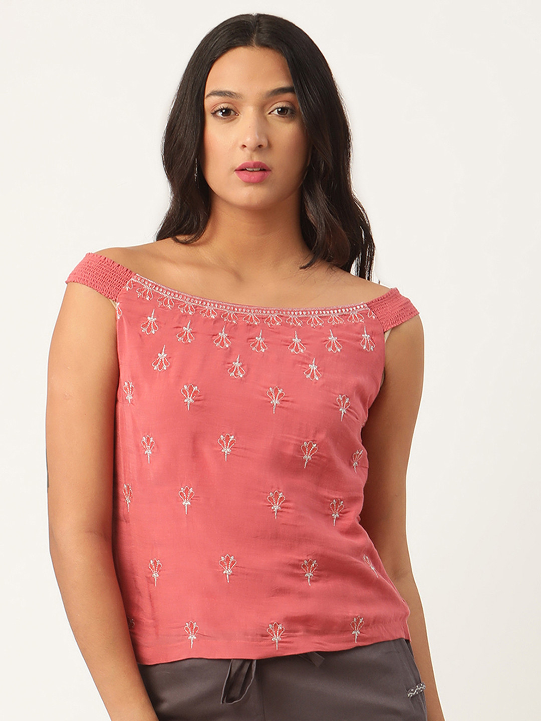 ROOTED Women Coral Pink & Silver-Toned Embroidered Top