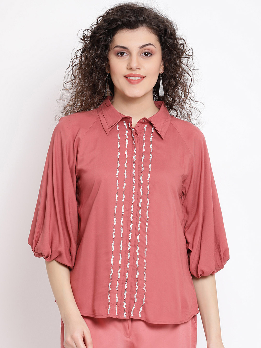 ROOTED Women Coral Pink Embellished Gathered Shirt Style Top
