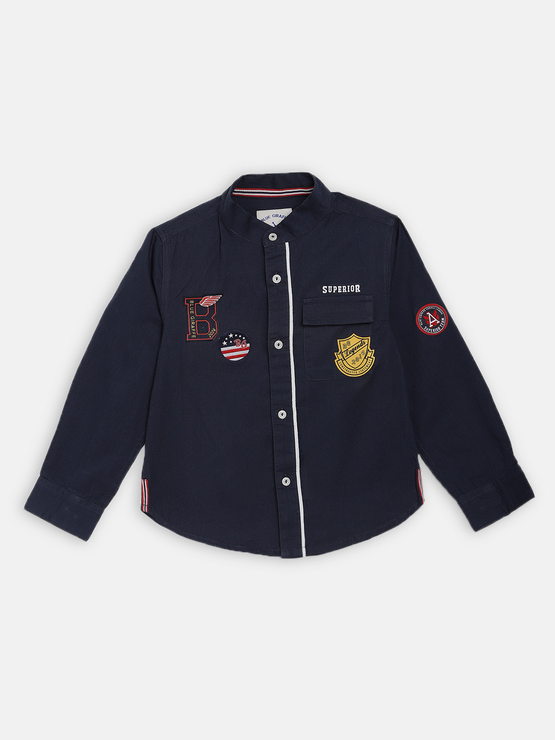 Blue Giraffe Boys Navy Blue Regular Fit Solid Applique Casual Shirt