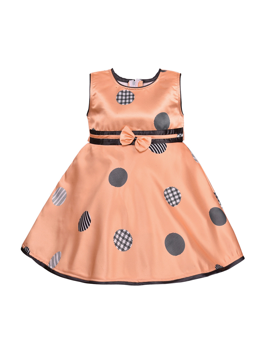 Wish Karo Girls Peach-Coloured & Black Polka Dot Print Silk Satin Finish Fit & Flare Dress
