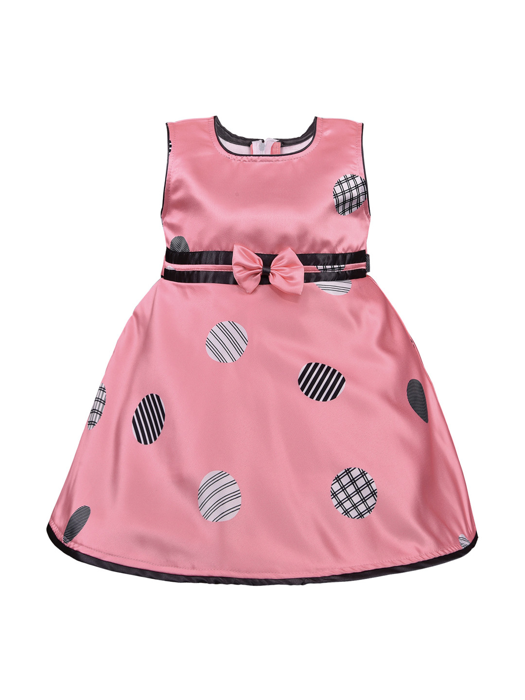 Wish Karo Girls Pink & Black Printed Silk Satin Finish Fit and Flare Dress