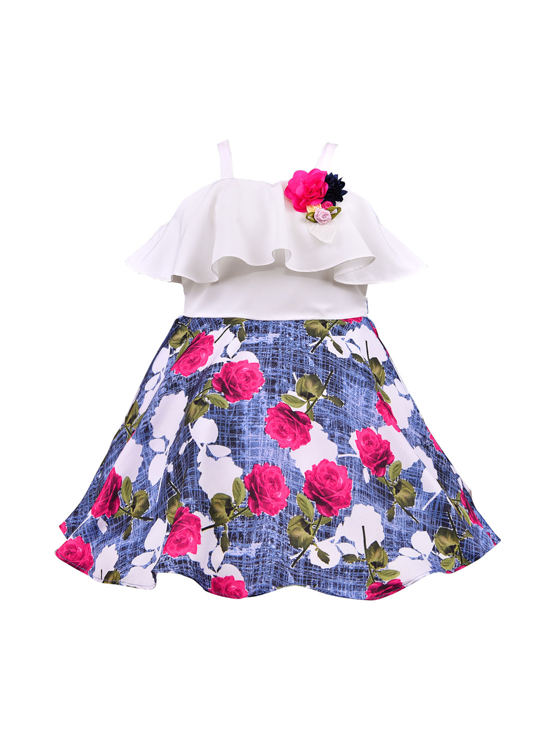 Wish Karo Girls Blue & White Floral Printed Silk Satin Finish Fit and Flare Dress