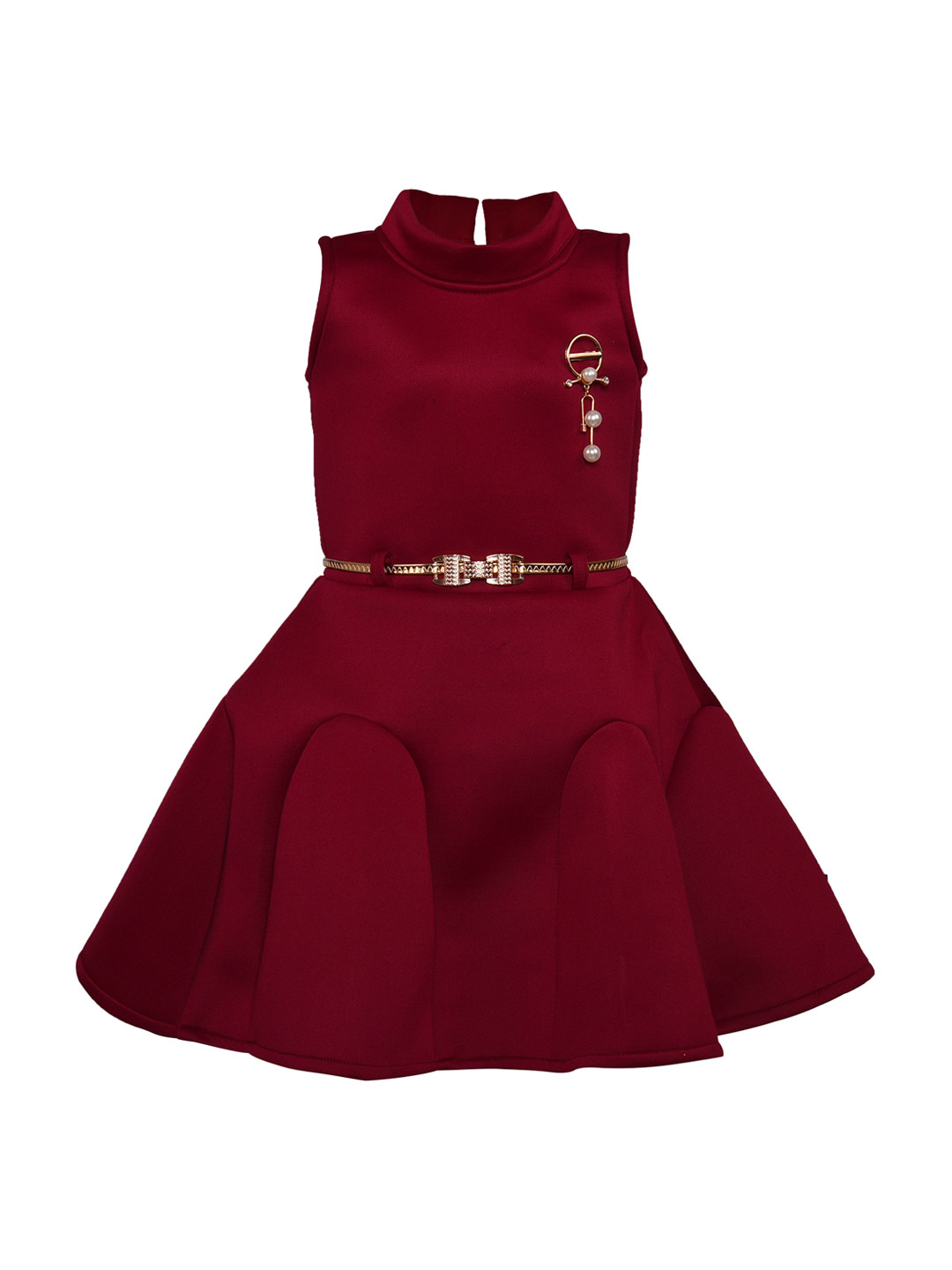 Wish Karo Girls Maroon Solid Silk Fit and Flare Dress With Belt