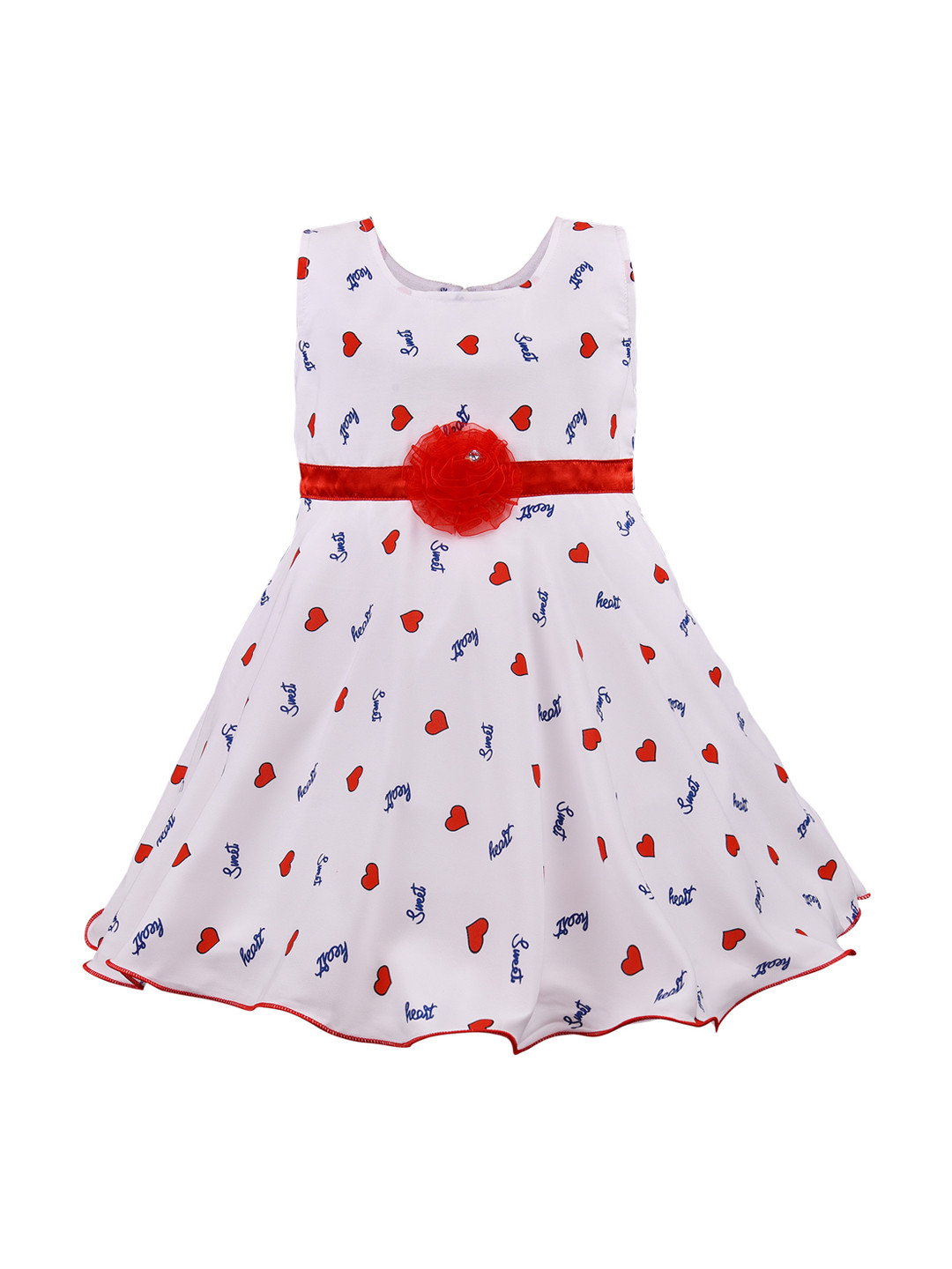 Wish Karo Girls White & Red Hearts Printed Silk Satin Finish Fit and Flare Dress