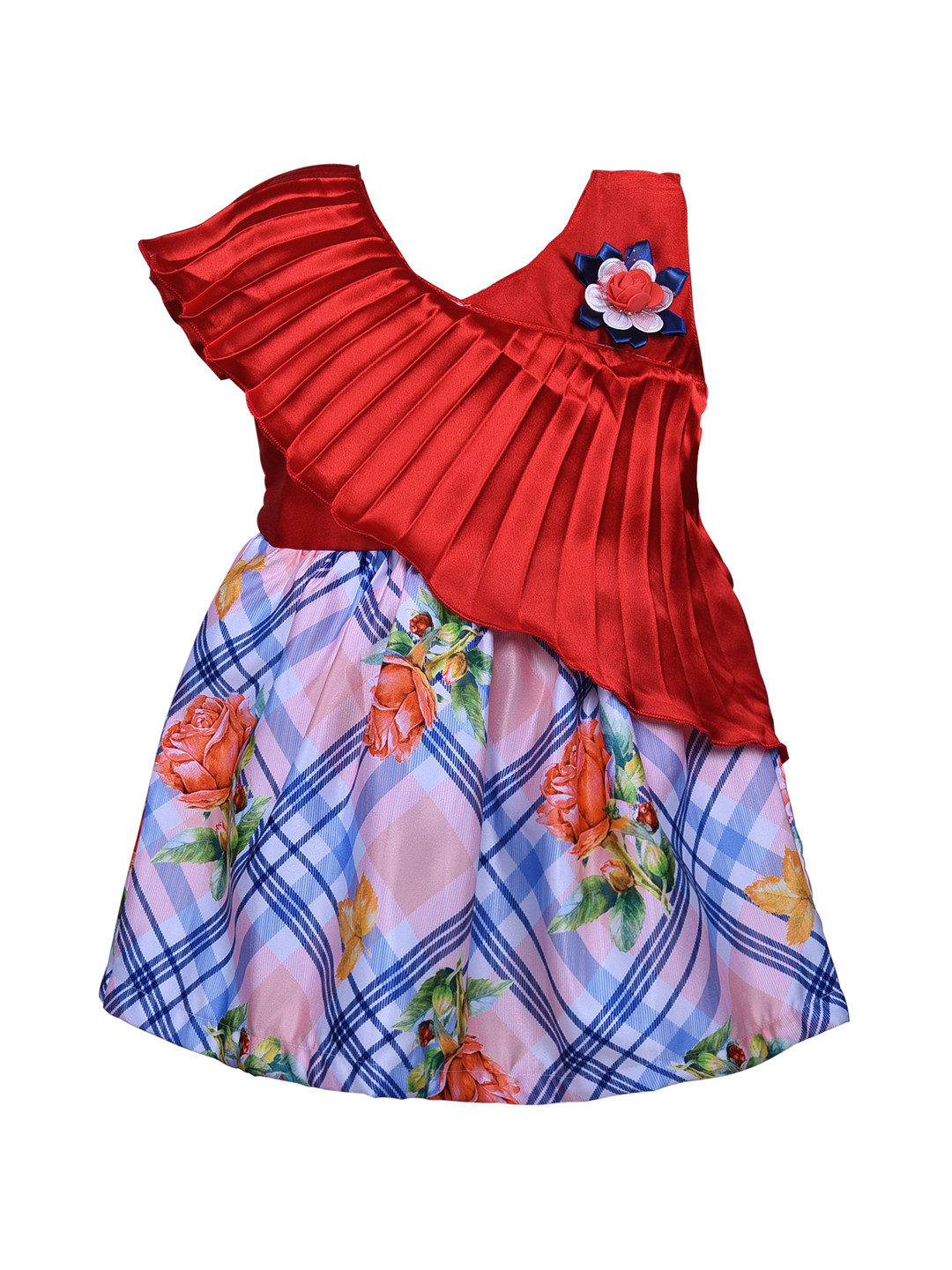 Wish Karo Girls Red & Blue Printed Silk Satin Finish Layered Party A-Line Dress