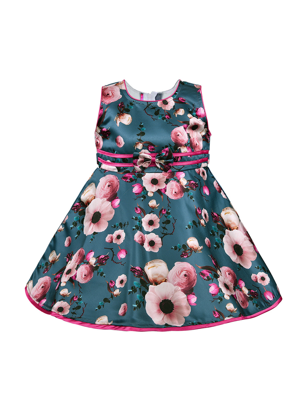 Wish Karo Girls Teal Blue & Pink Printed Silk Satin Finish Fit & Flare Dress