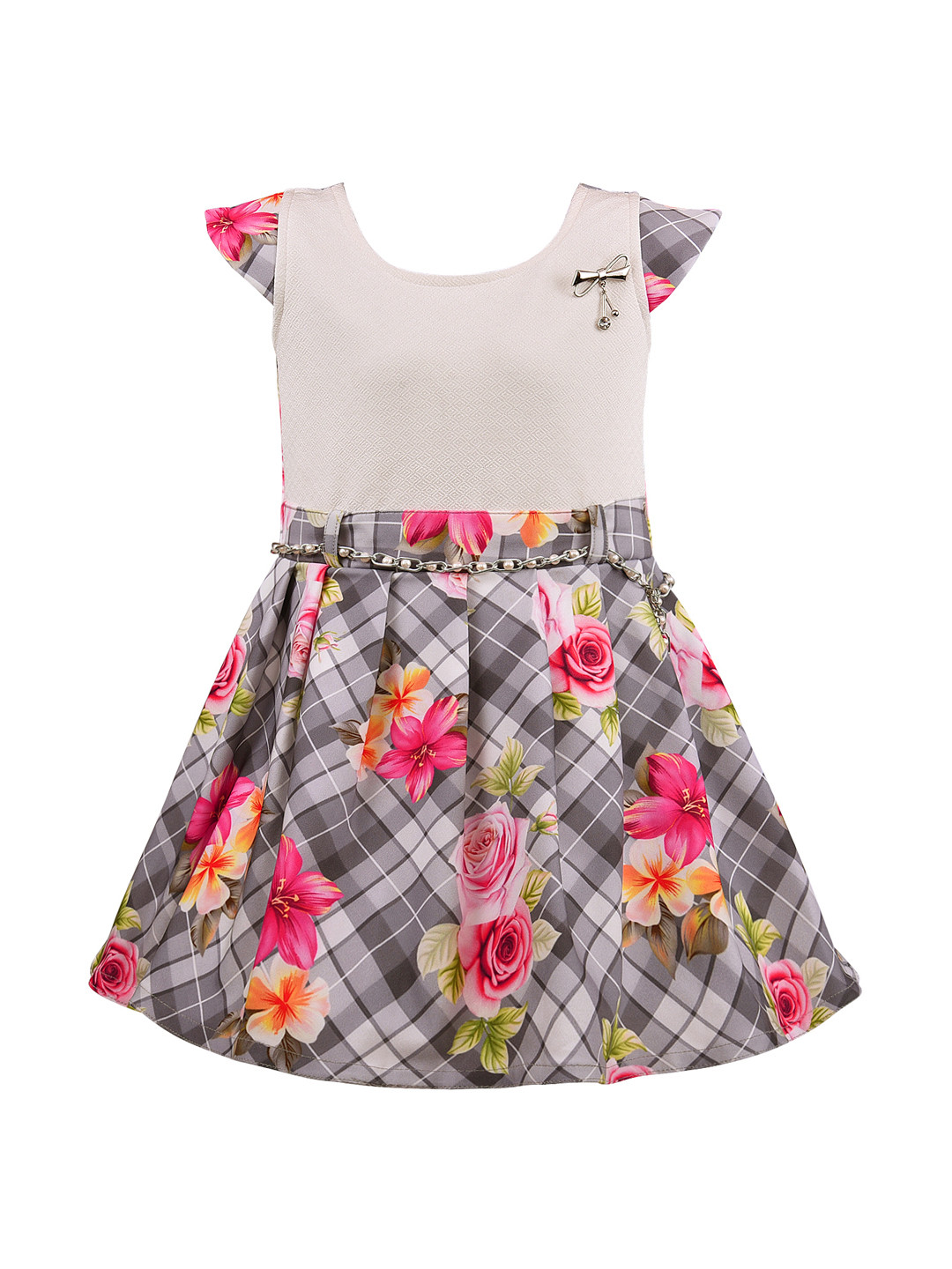 Wish Karo Girls Off-White & Grey Floral Silk Satin Finish Fit & Flare Dress with Belt