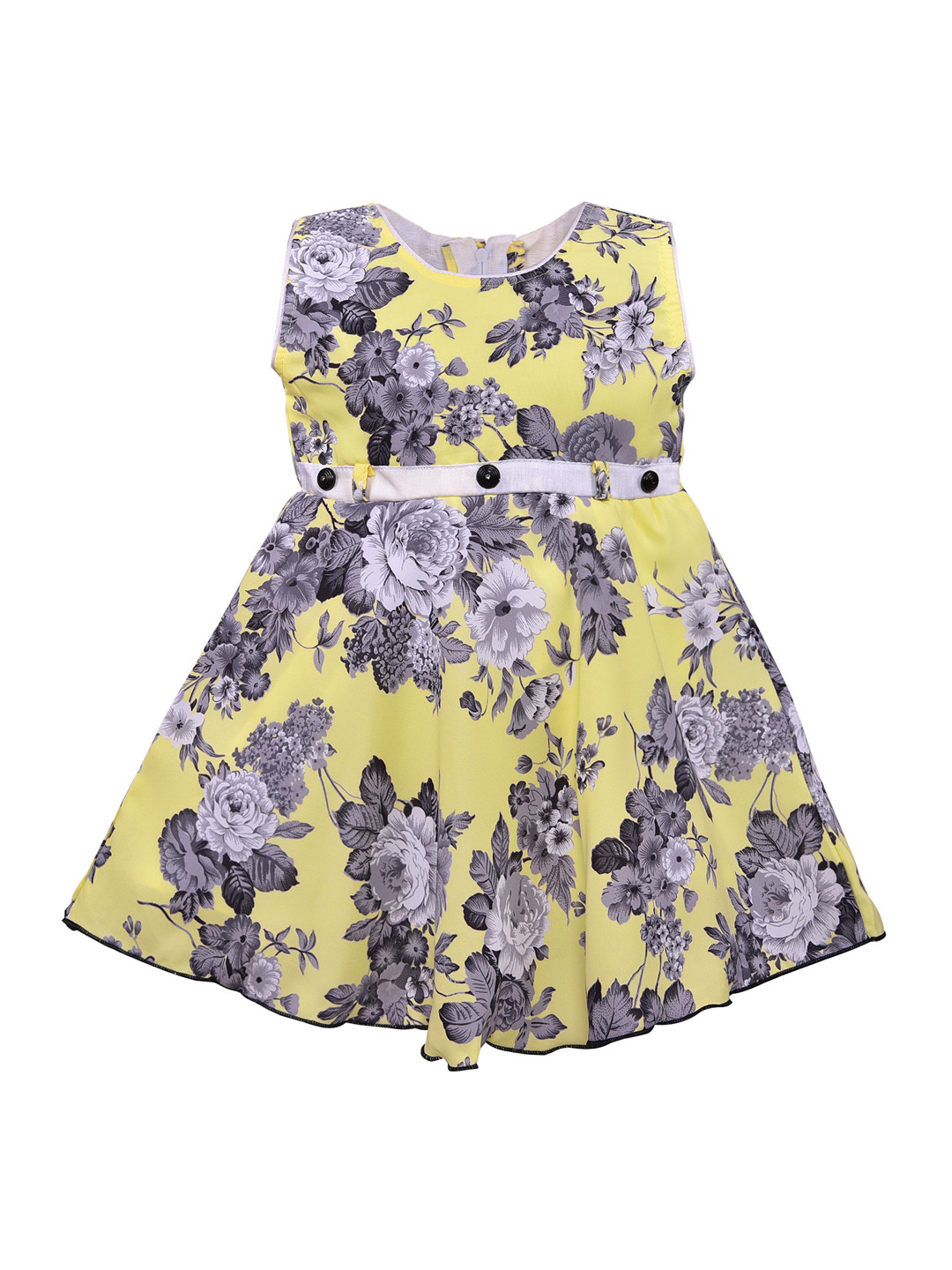 Wish Karo Girls Yellow & Grey Floral Print Silk Satin Finish Fit & Flare Dress