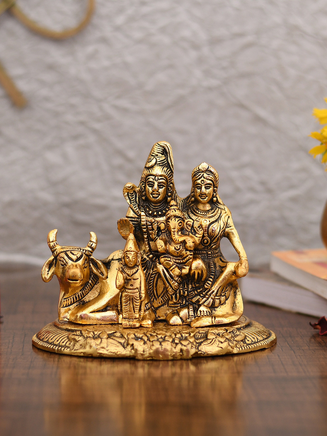 CraftVatika Shiva Parvati Ganesh Gold Metal Metallic Prayer Room Small Showpiece - 6 Inches