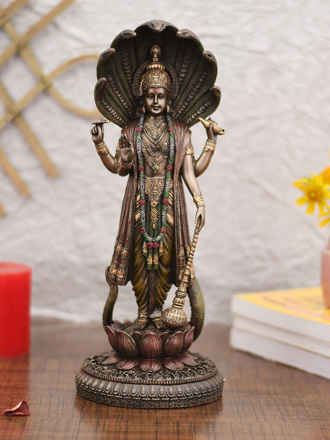 CraftVatika Standing Vishnu Bronze Resin Natural Prayer Room Medium Showpiece - 12.5 Inches
