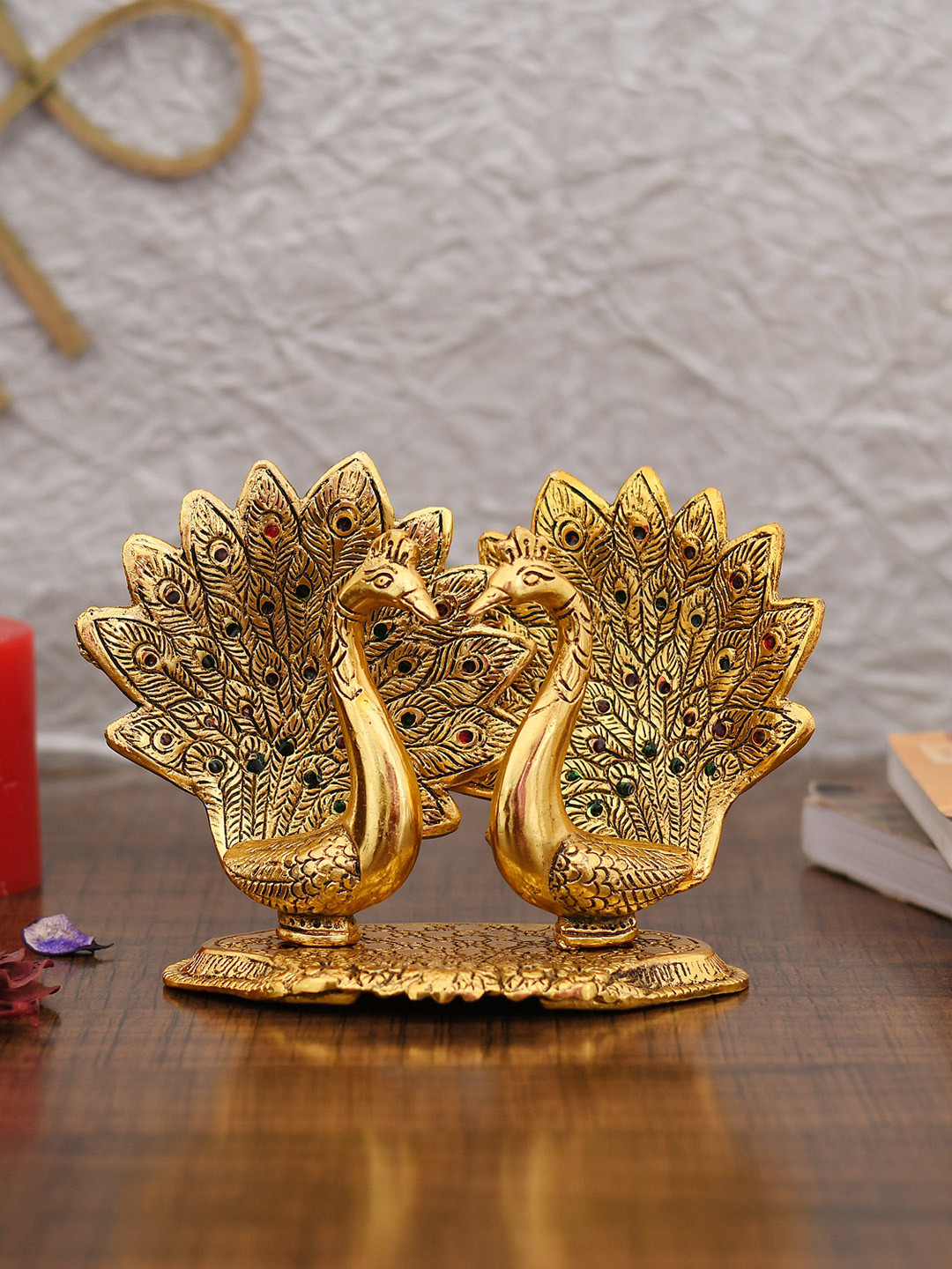 CraftVatika Love Pair Of Peacock Gold Aluminium Metallic Garden Small Showpiece - 6 Inches
