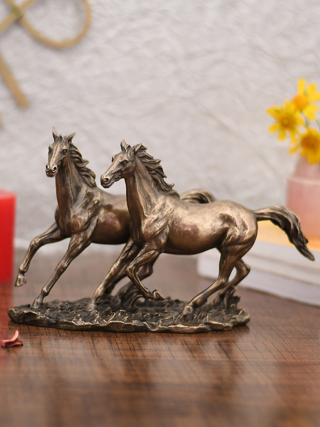 CraftVatika Running Horses Bronze Polyresin Natural Living Room Small Showpiece - 6.5 Inches