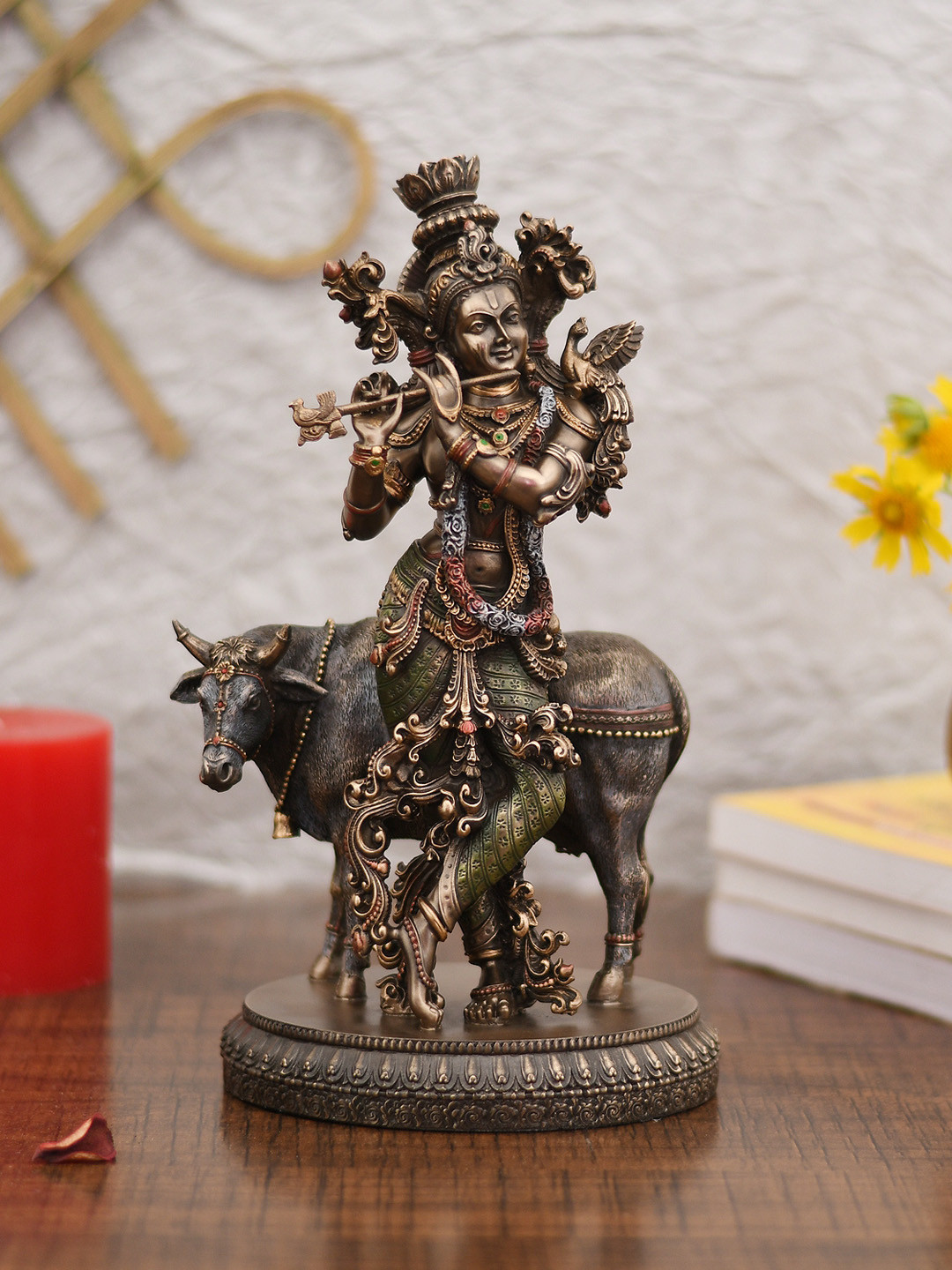 CraftVatika Krishna Playing Flute with Kamdhenu Cow Bronze Resin Natural Prayer Room Medium Showpiece - 10.5 Inches