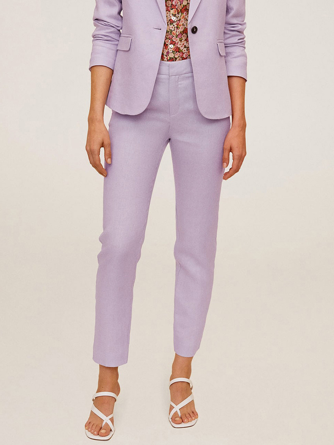 MANGO Women Lavender Linen Solid Smart Casual Trousers