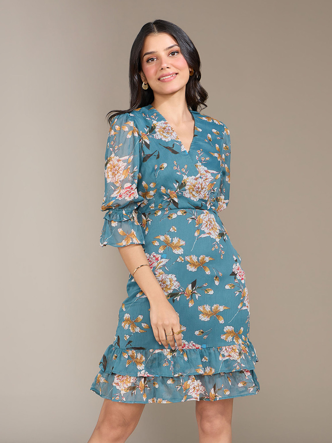 20Dresses Women Teal Green & Off-White Floral Print Wrap Dress