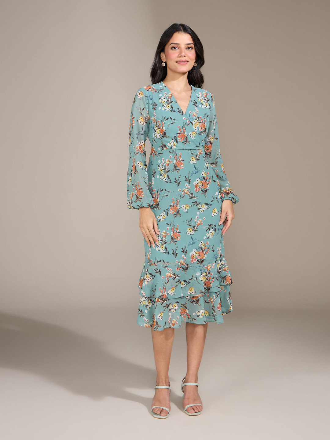 20Dresses Women Green & Rust Orange Layered Floral Print Wrap Dress