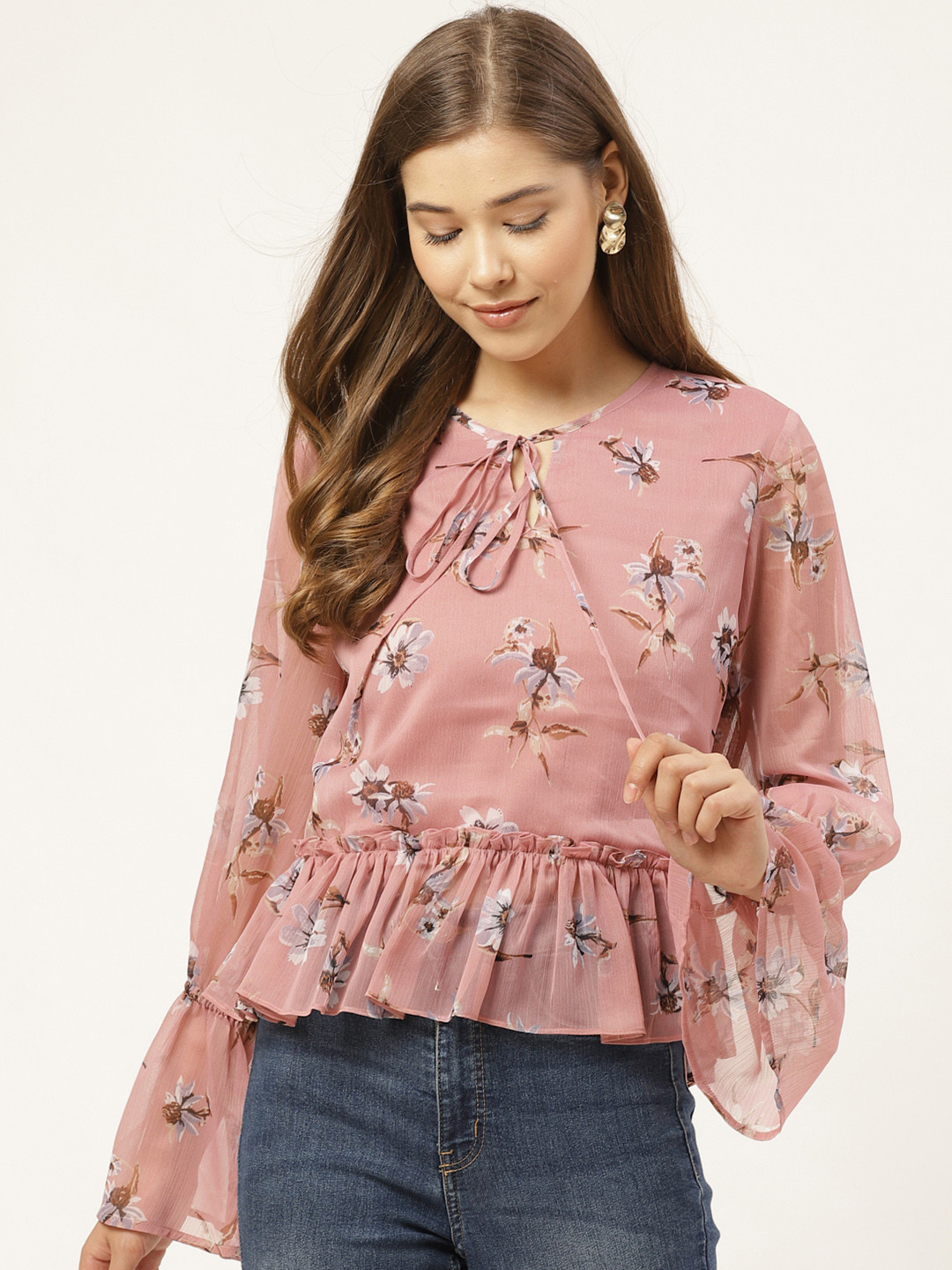 20Dresses Women Dusty Pink & Off-White Floral Print A-Line Top