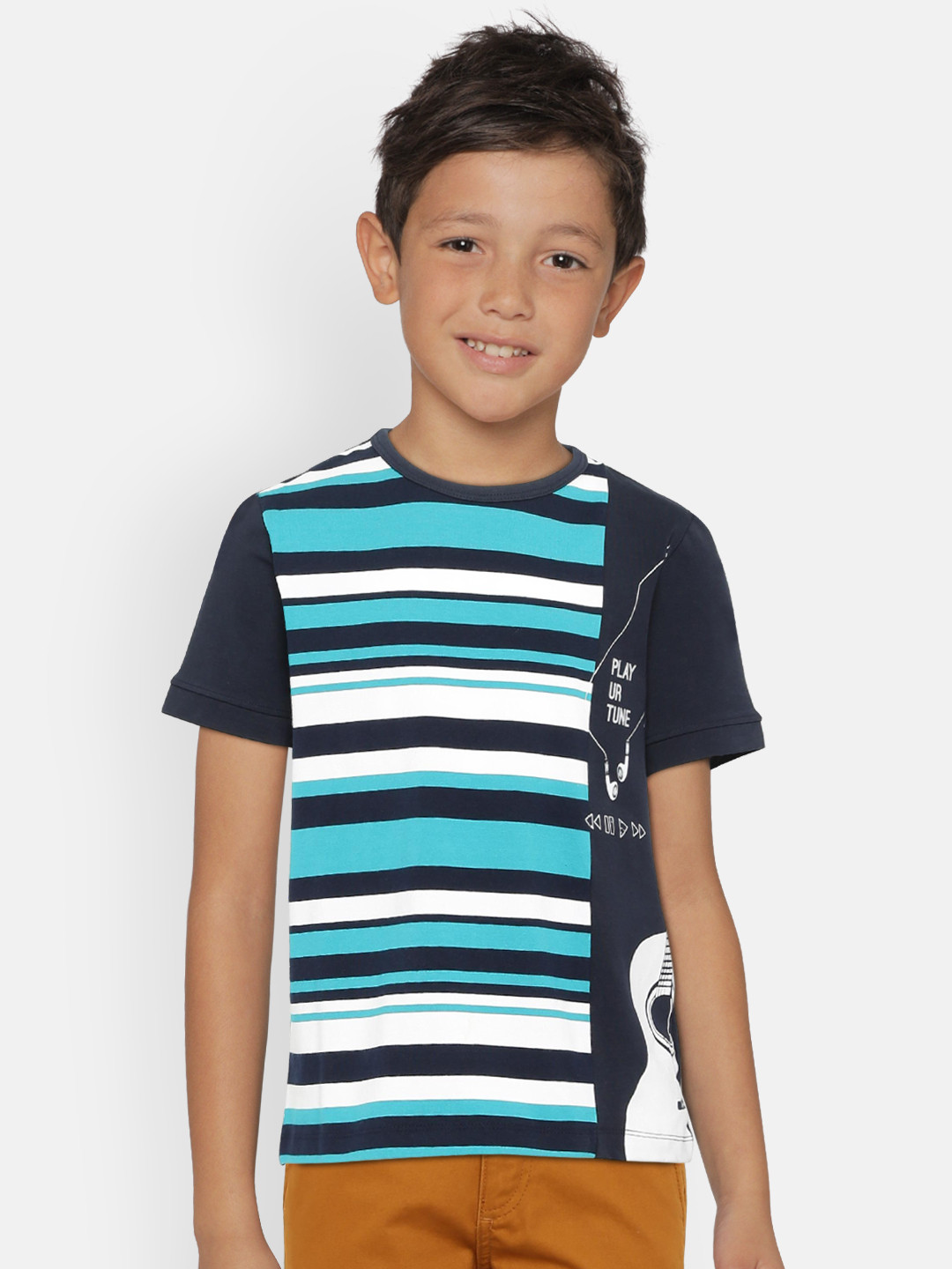 LAdore Boys Navy Blue and Green Striped Round Neck Pure Cotton T-shirt