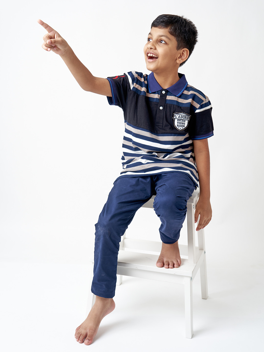 LAdore Boys Black Striped Polo Collar Pure Cotton T-shirt