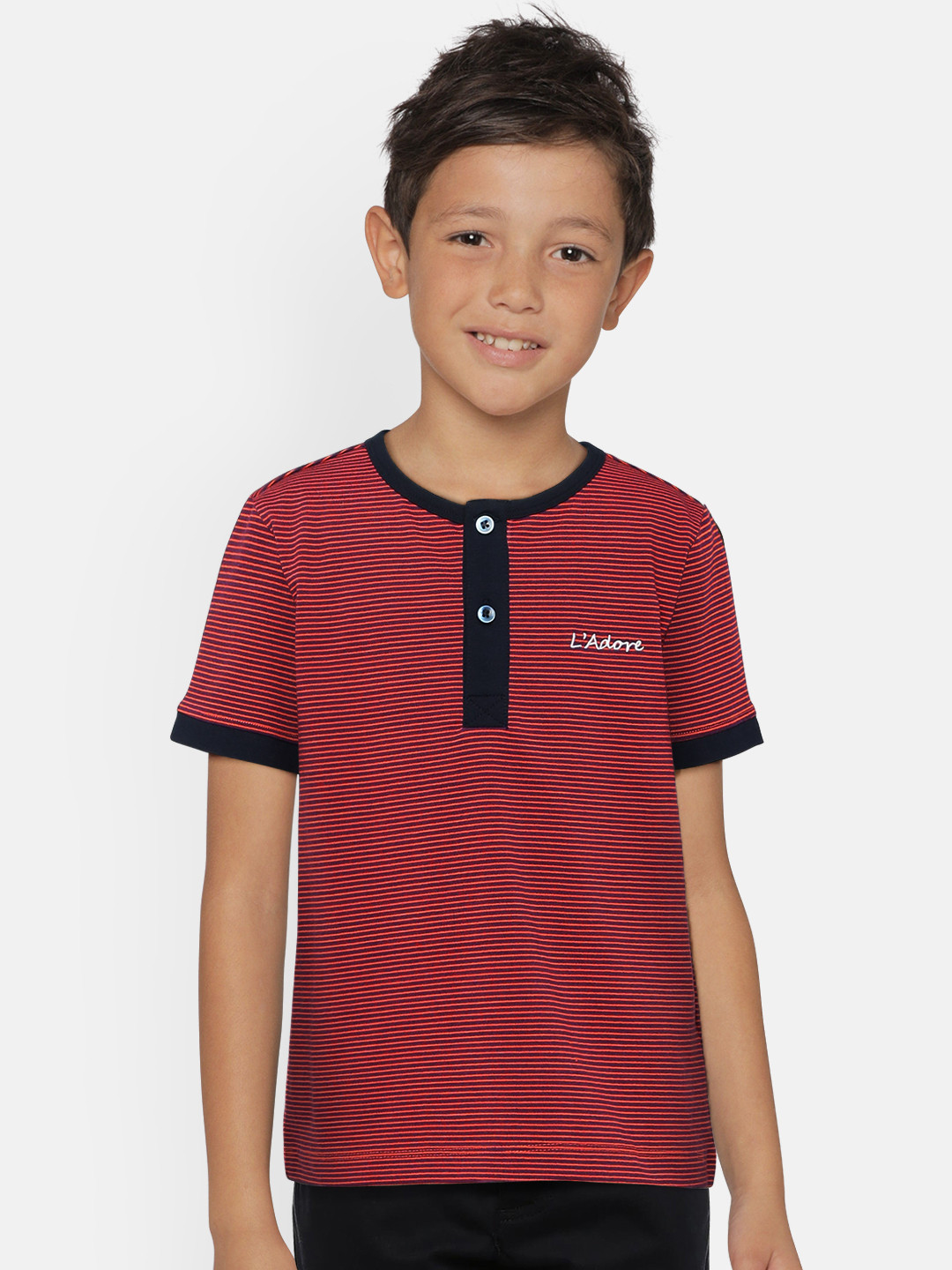 LAdore Boys Purple and Red Striped Round Neck Pure Cotton T-shirt