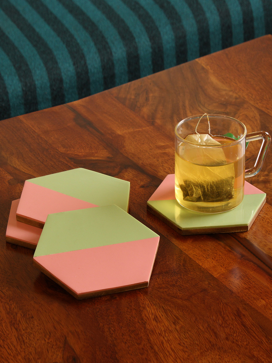 RangRoots Set Of 4 Green & Pink Colourblocked Hexa-Heavens Coasters