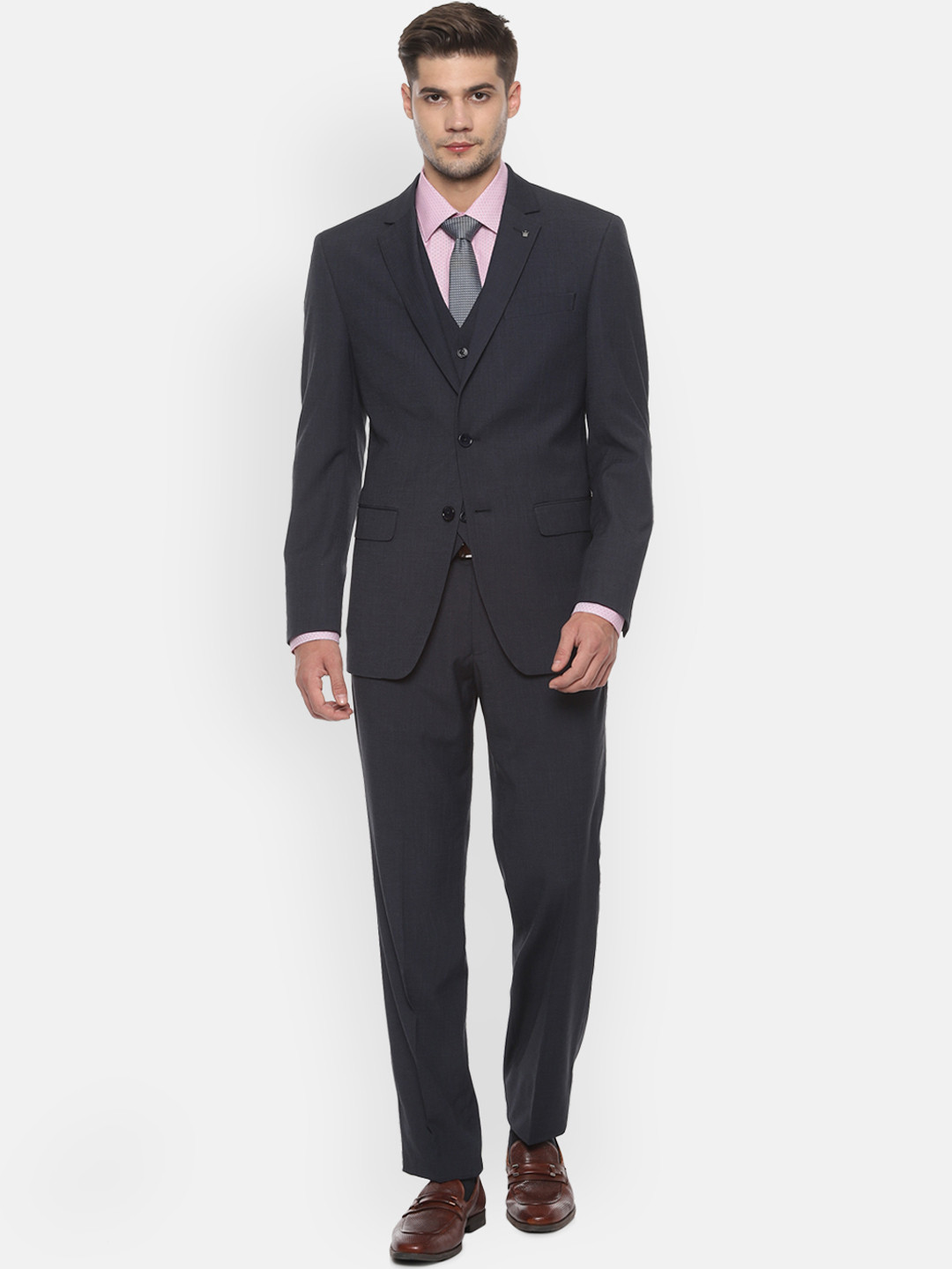 Louis Philippe Men Navy Blue Solid Single-Breasted Formal Three-Piece Suit