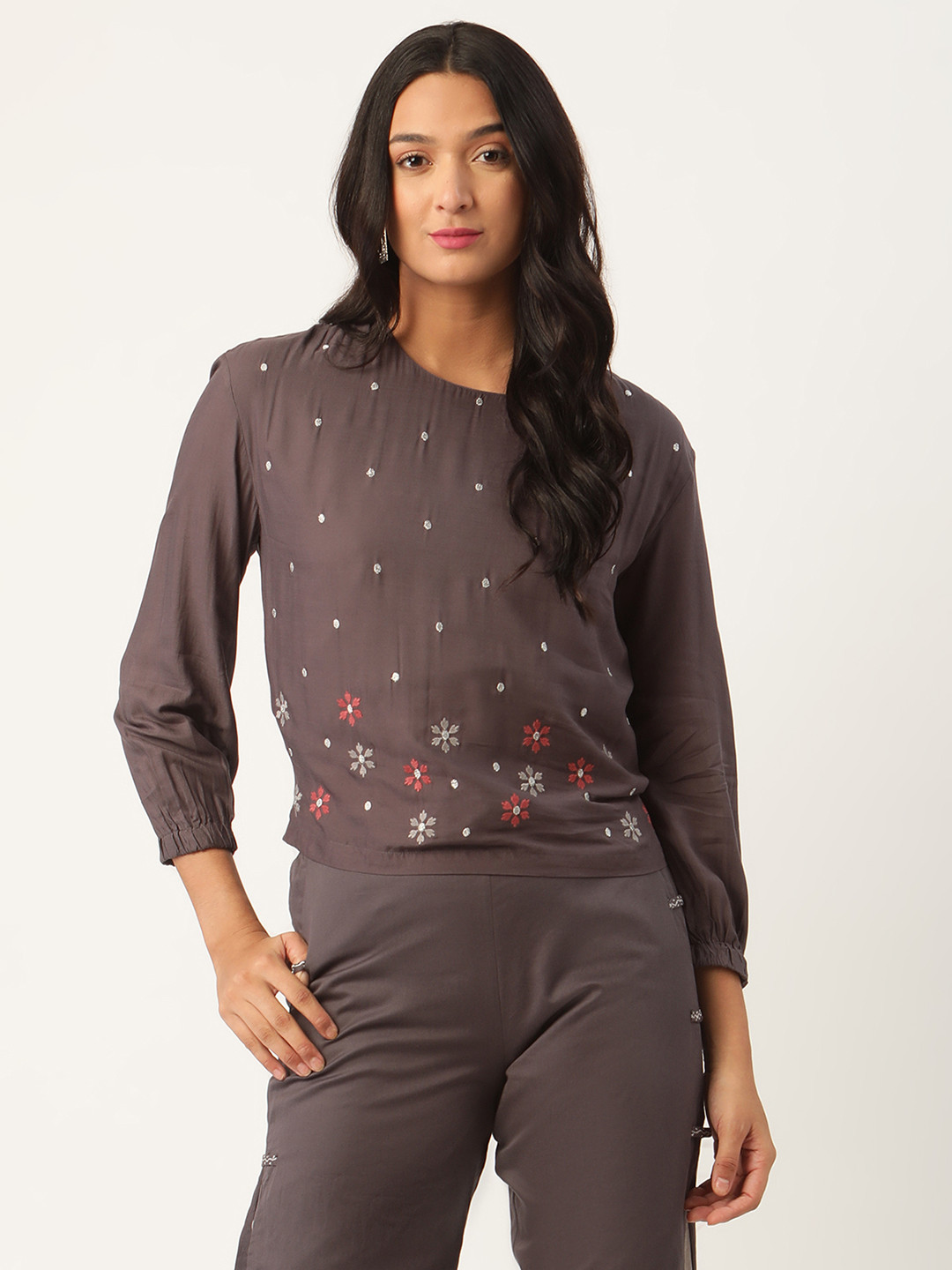 ROOTED Women Grey Embroidered Top